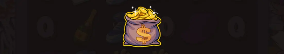 Symbole Sac d'Or violet rempli de pièces dorées débordant du haut, avec symbole dollar doré sur le sac, effet de brillance et aura magnétique dorée montrant la fonction de collecte